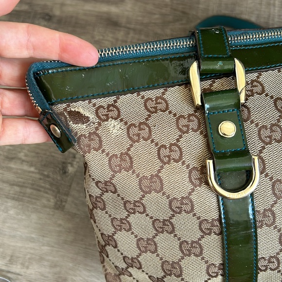 Read Description GUCCI  Abbey Monogram Tote Dark Green Trim - Picture 3 of 10